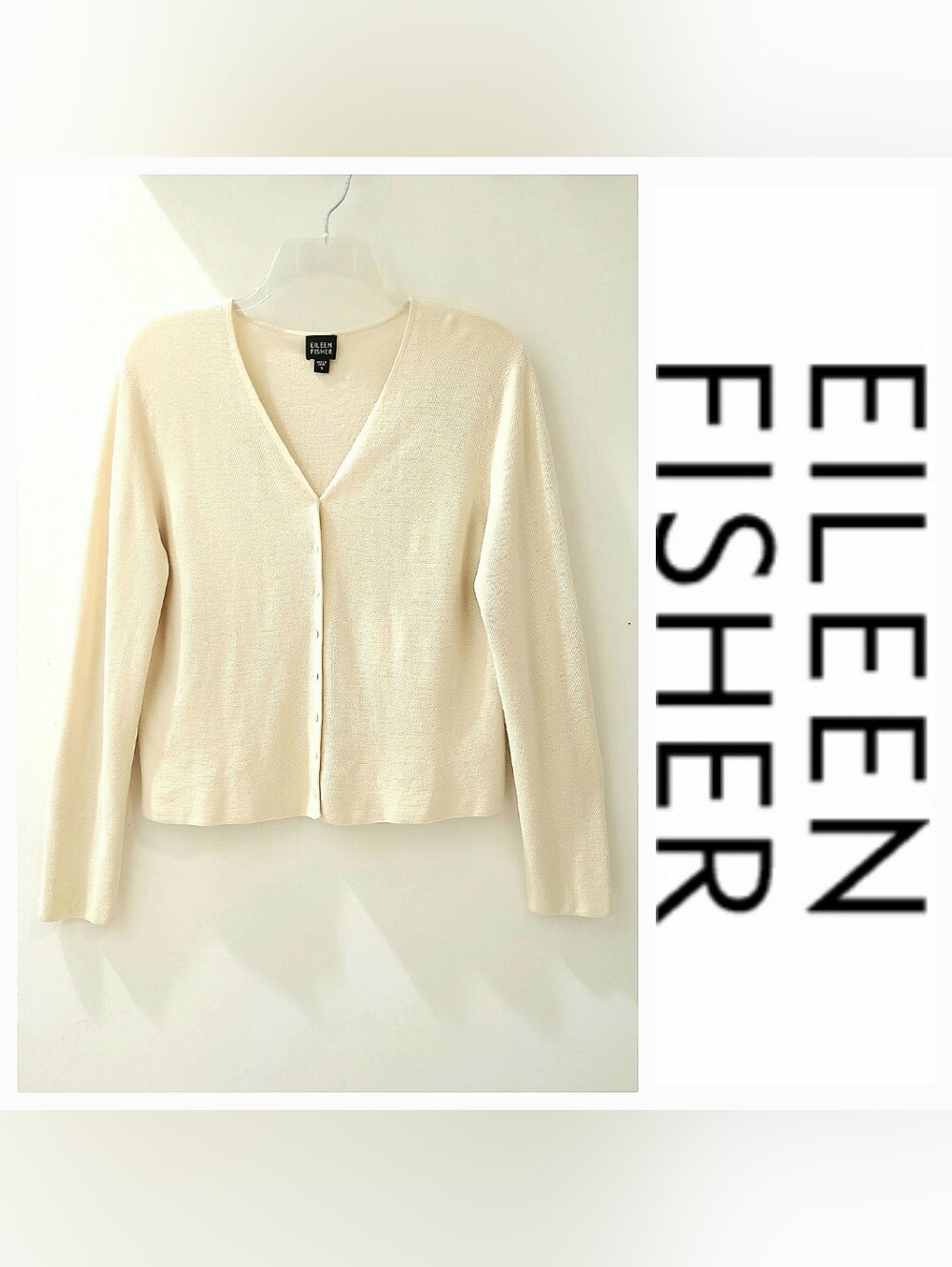 Eileen Fisher Button Front Cardigan Textured Silk Blend Deep Cream Sz S